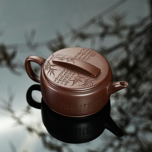 宜兴手工紫泥紫砂壶文人茶具刻绘竹叶泡茶壶精品功夫高档礼盒礼品