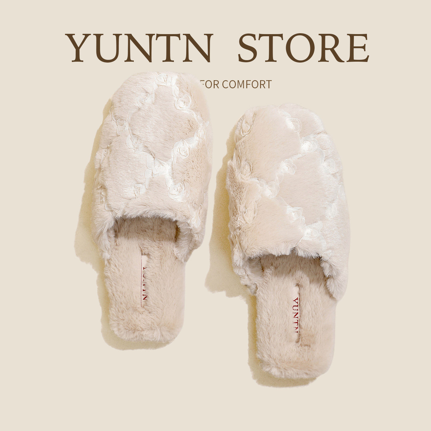 冬季居家美学蕾丝玫瑰花朵仿兔毛保暖加绒毛毛棉拖鞋女士防滑室内