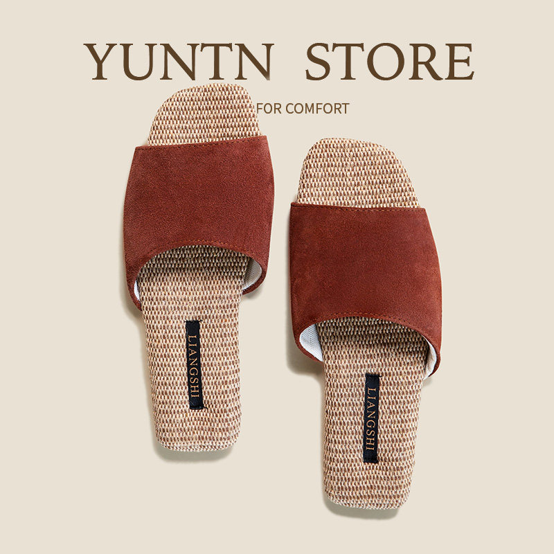 轻奢真皮牛反绒高级感情侣开口亚麻凉拖鞋女防滑牛筋底四季居家男