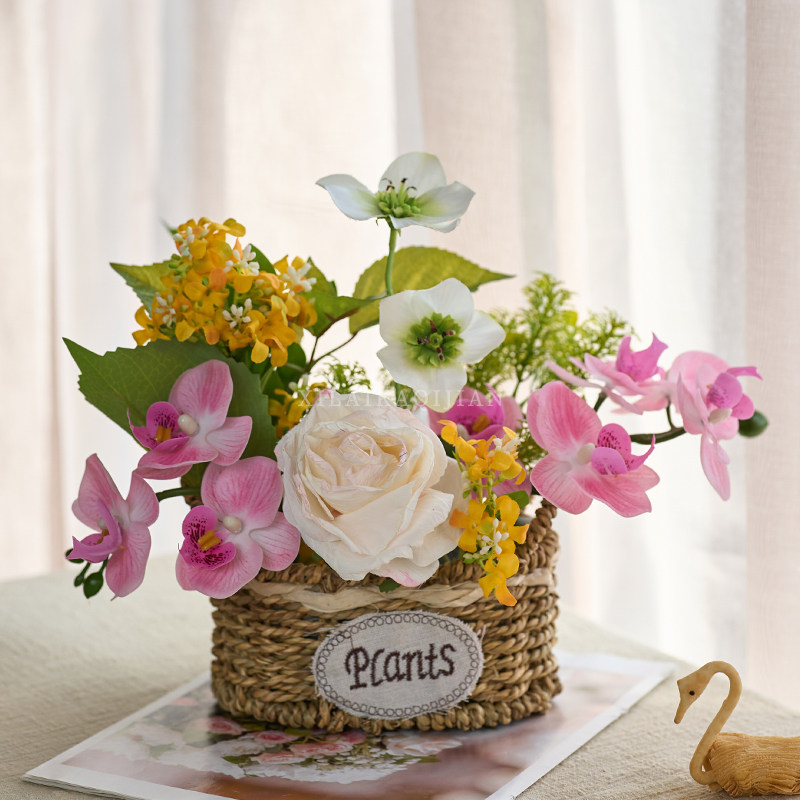 喜莱卡田园风编织花篮假花仿真花摆设客厅花摆件餐桌绿植插花摆件