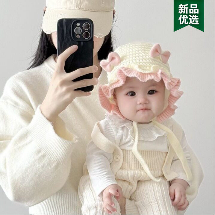 婴儿帽子秋冬针织护耳帽公主女宝宝可爱新生婴幼儿系带宫廷胎帽