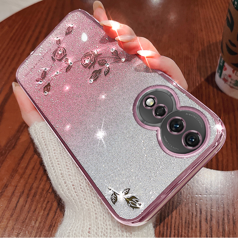 荣耀80手机壳闪粉水钻玫瑰
