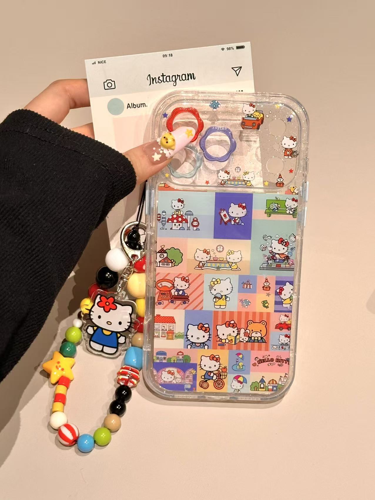 卡通可爱彩色格纹KT猫插画皮纹壳适用苹果17/16/15/14防摔手机壳 · 彩色格纹KT插画-单壳 苹果14