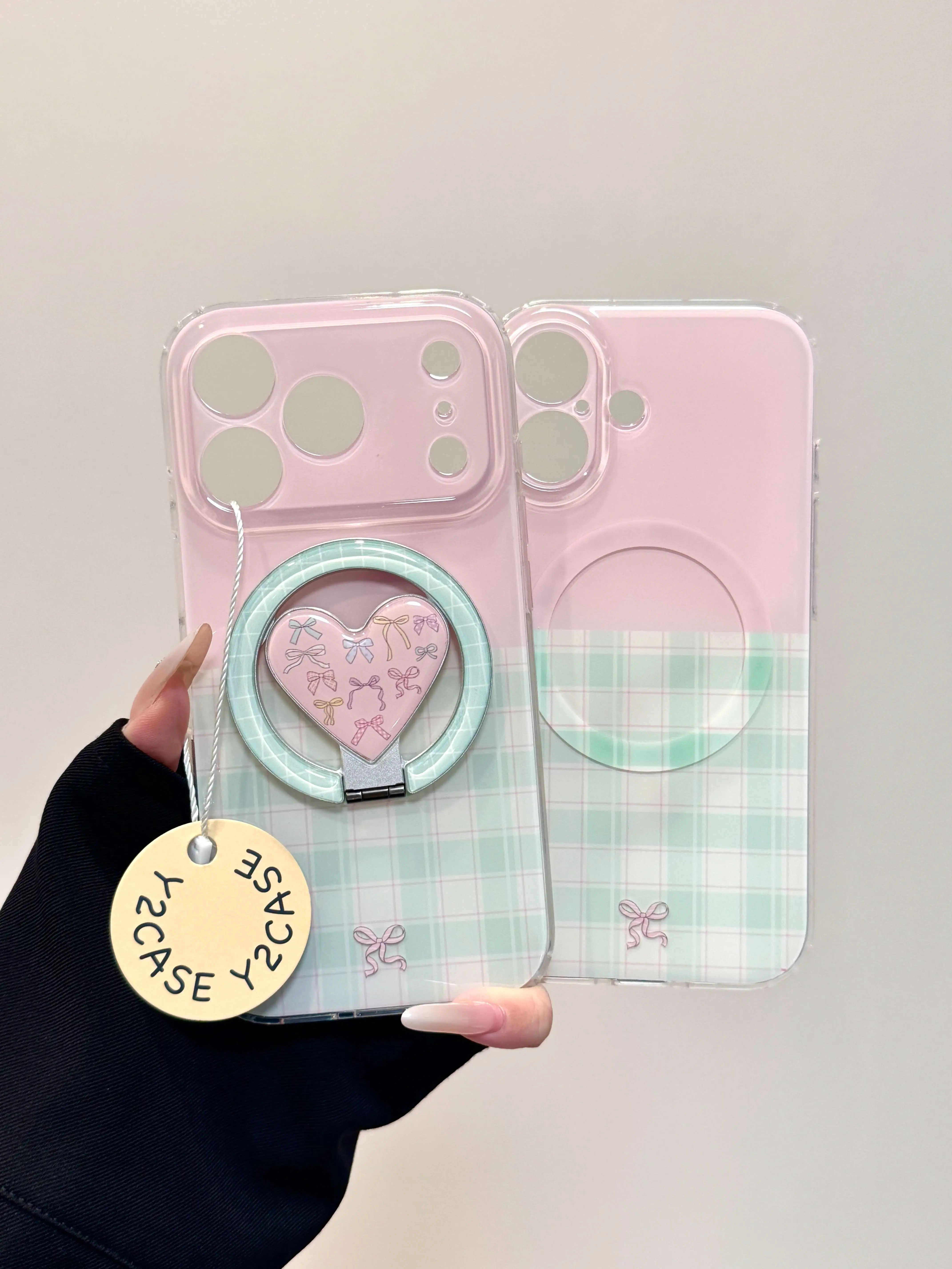 磁吸壳•ins格纹拼接满屏爱心支点支架IMD手机壳适用苹果