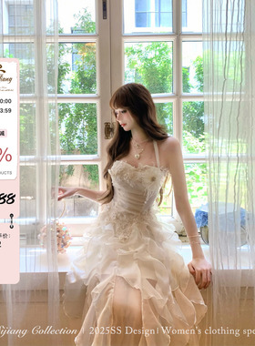 SISI JIANG“花园华尔兹”法式优雅气质蕾丝收腰网纱花朵大摆长裙