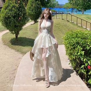 SISI JIANG“月影琉璃”法式优雅收腰度假网纱提花气质挂脖长裙