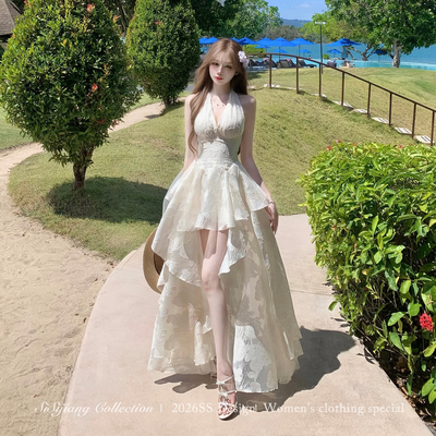 SISI JIANG“月影琉璃”法式优雅收腰度假网纱提花气质挂脖长裙