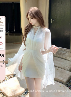 SISI JIANG“白绫千金”法式轻奢气质度假立体剪裁显瘦网纱连衣裙