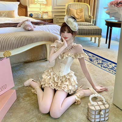 SISI JIANG“鎏金芭蕾”优雅气质荷叶边蕾丝鱼骨胸衣芭蕾蛋糕半裙