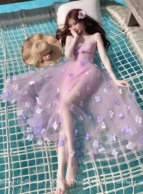 SISI JIANG“花间拾梦紫色”法式浪漫立体花朵气质时尚吊带连衣裙