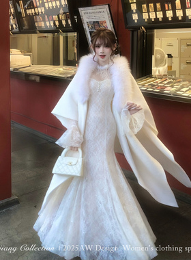 SISI JIANG“铃木纱雪”法式优雅气质赫本风蕾丝收腰白色连衣裙