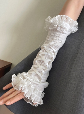 黑色手袖亚文化芭蕾舞绑带网纱花边长款洛丽塔少女遮瑕手袖女袖套