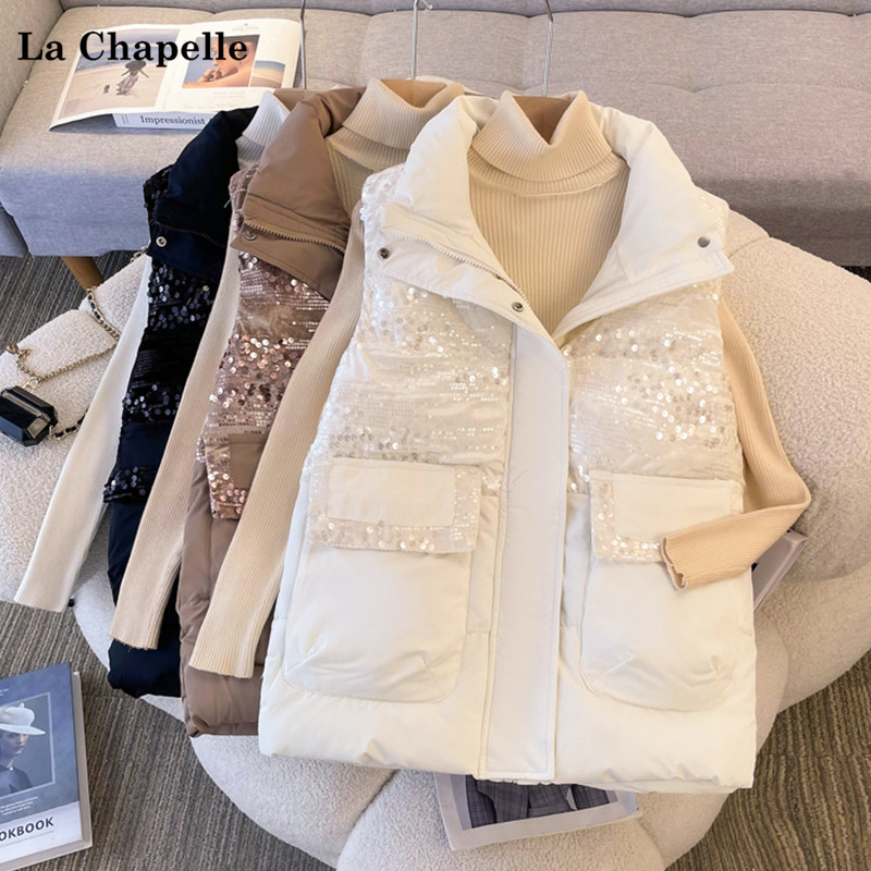 拉夏贝尔/La Chapelle2024年冬季设计感亮片马甲棉服短款保暖外套,女装/女士精品,大码棉服,淘宝优惠券,粉丝福利购,淘宝优惠卷