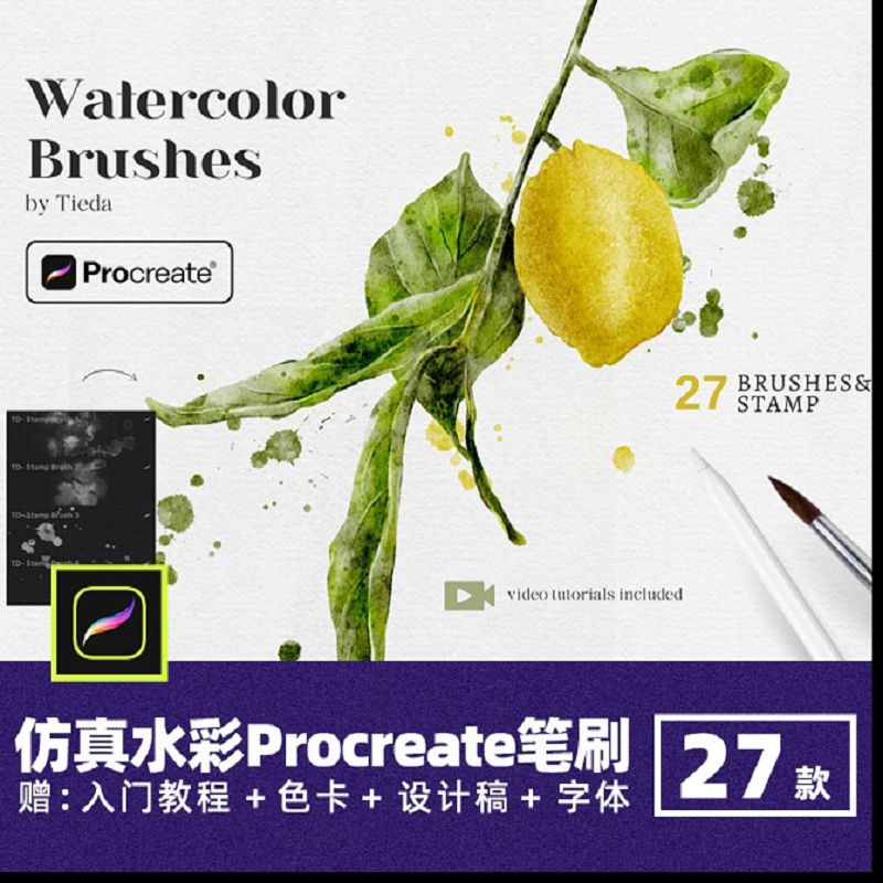 TIEDA仿真水彩纹理Procreate笔刷厚涂水墨国画晕染淡彩水痕插画笔