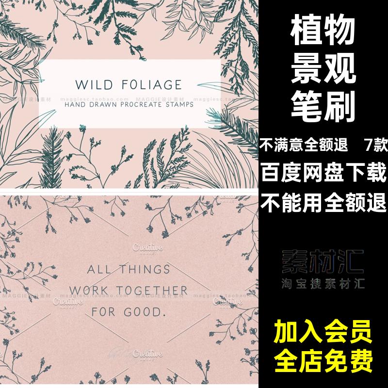 植物景观笔刷Procreate手绘蕨类松针棕榈花束树叶插7款花卉野生