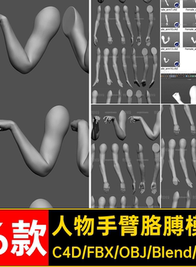 16款人物手臂胳膊模型姿势无obj材质素材blener女生白模c手部fbx