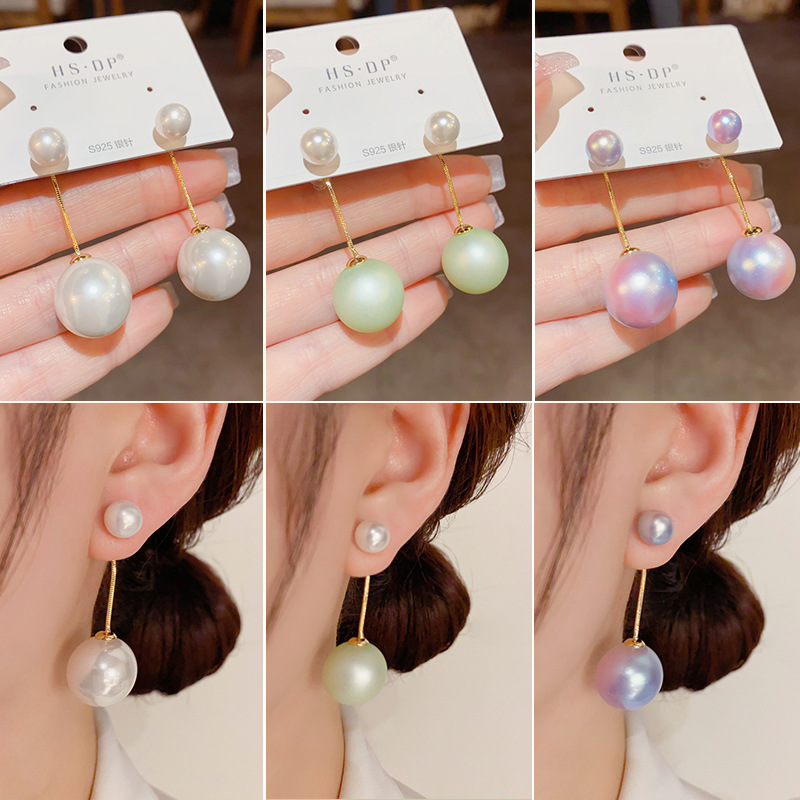 s925银针后挂式长款两戴珍珠耳环气质时尚简约百搭设计感耳坠