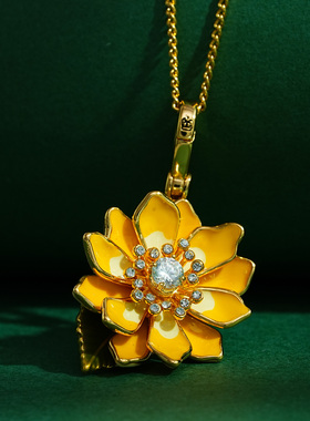 精致立体珐琅彩釉镶钻多层黄色菊花吊坠项链甜美花卉元气少女配饰