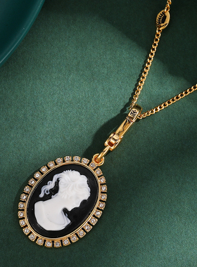 复古宫廷风镶钻浮雕女神人像黑色椭圆牌吊坠项链精美时尚挂饰包挂