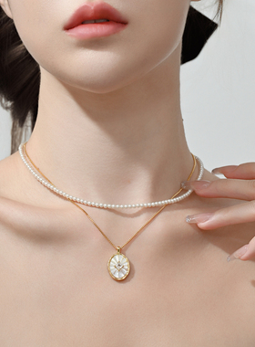 水晶贝母椭圆形双层叠戴珍珠项链