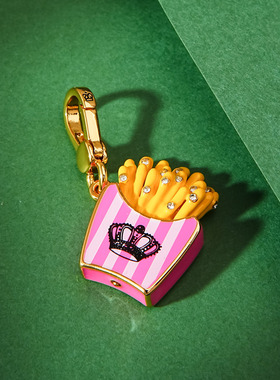 珐琅粉白条纹镶钻薯条盒吊坠项链