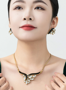 中古水晶珐琅羽翼翅膀项链锁骨链