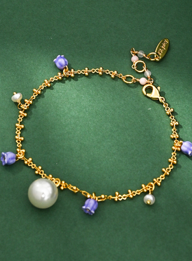 渐变紫珐琅铃兰花朵珍珠流苏手链
