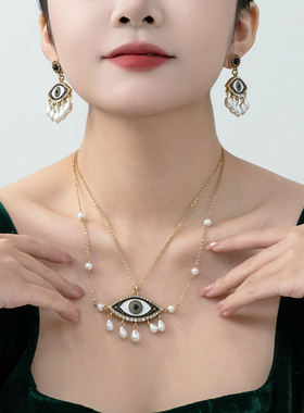 中古风恶魔之眼镶钻珍珠流苏项链