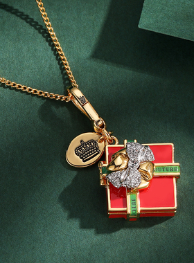 精致时尚珐琅彩釉可打开蝴蝶结方形红色礼物圣诞盒子吊坠项链送人