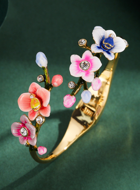 高级感大气原创时尚珐琅釉镶钻珍珠彩色兰花开口弹簧手镯花朵手饰