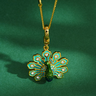 轻奢名族风立体珐琅彩釉镶钻开屏孔雀吊坠项链小鸟动物长款毛衣链