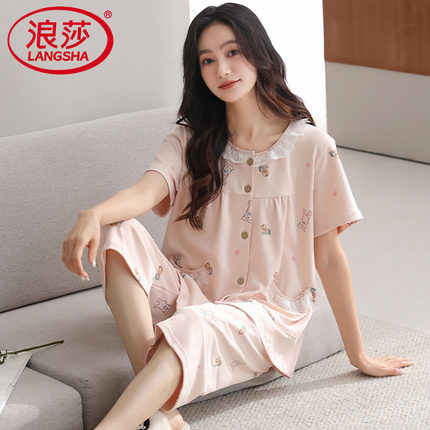 浪莎睡衣夏季女款纯棉短袖七分裤2025新款夏款中年妈妈家居服套装