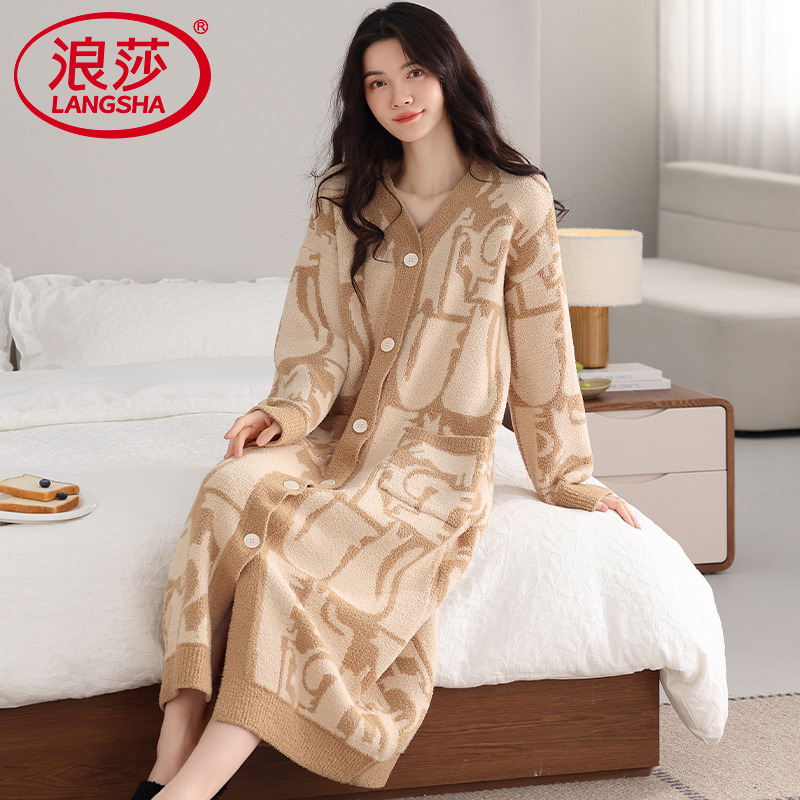 浪莎半边绒睡裙女加厚保暖睡衣
