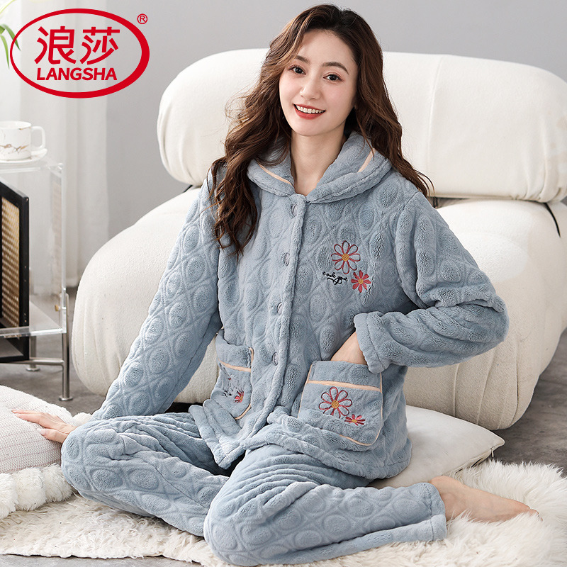 浪莎珊瑚绒睡衣女加厚保暖套装