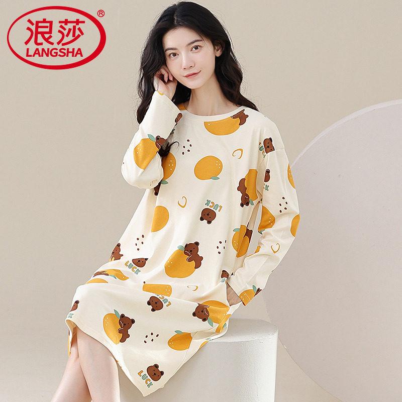 浪莎睡衣女春秋季纯棉长袖中长款睡裙大码秋冬宽松家居服连衣裙