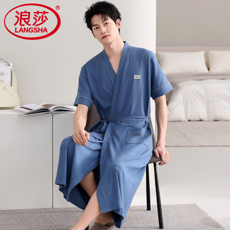 浪莎男士睡袍夏季纯棉短袖长款浴袍大码薄款吸水男款夏天速干浴衣