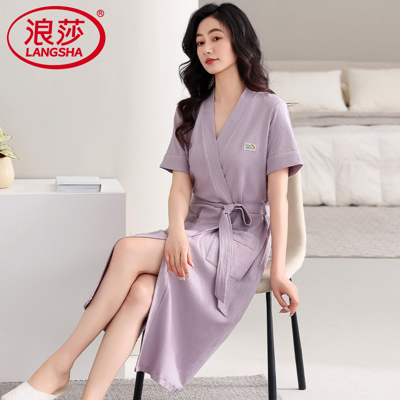 浪莎睡袍女夏季纯棉短袖夏天薄款浴袍睡衣速干长款大码浴衣家居服