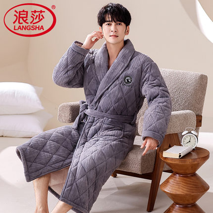 浪莎睡衣男款冬季睡袍珊瑚绒加绒加厚三层夹棉保暖大码浴袍可外穿