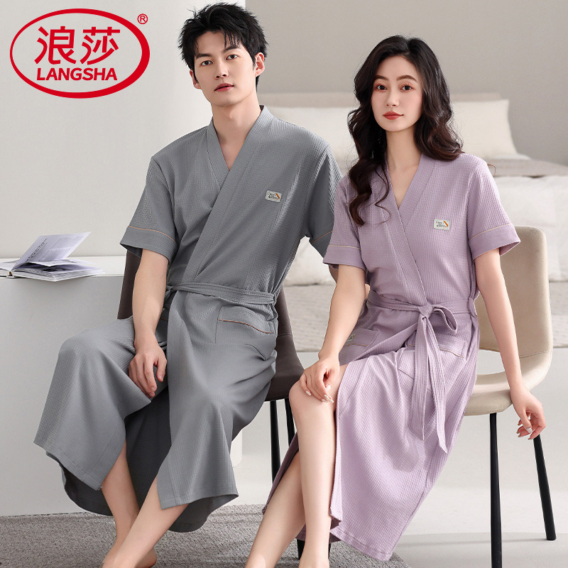 浪莎2025新款情侣睡袍短袖浴袍夏季纯棉男女一对中长款四季通用款