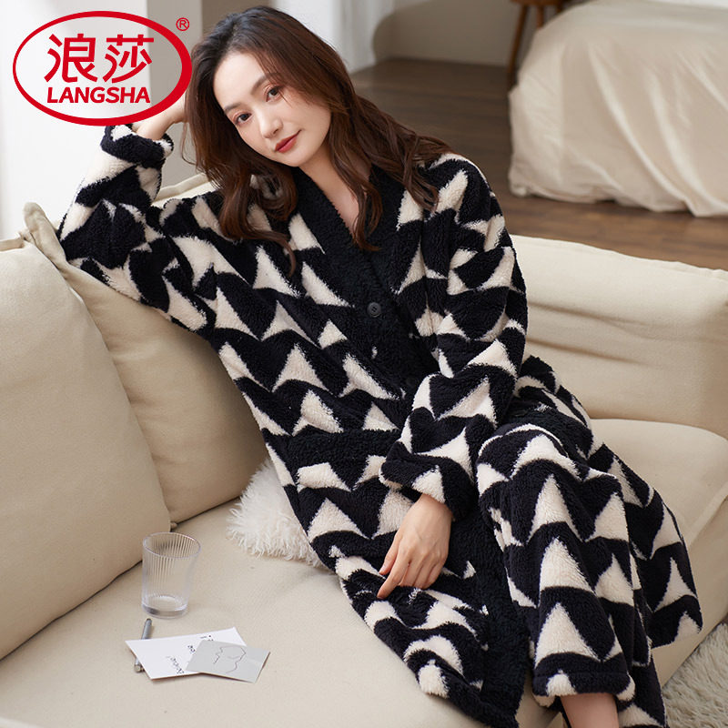 浪莎睡袍女士冬季新款睡衣珊瑚绒中长款加厚加绒保暖家居服套装