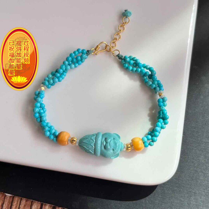 天然原矿绿松石小熊麻花手链 高瓷高蓝 搭2.5mm小米链18k金配件xh