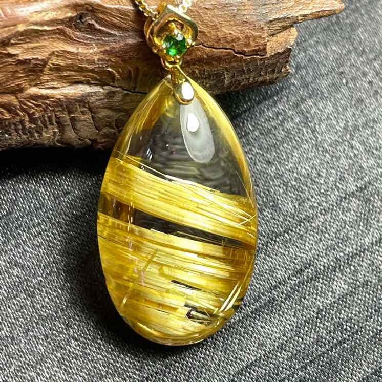 天然水晶巴西板块宽钛晶18k金南非钻镶嵌水滴型项链吊坠7.6克速