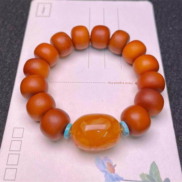 天然欧洲原矿橘皮纹老蜜蜡老型枣珠手链手串17.3mm无优化无烤色秀