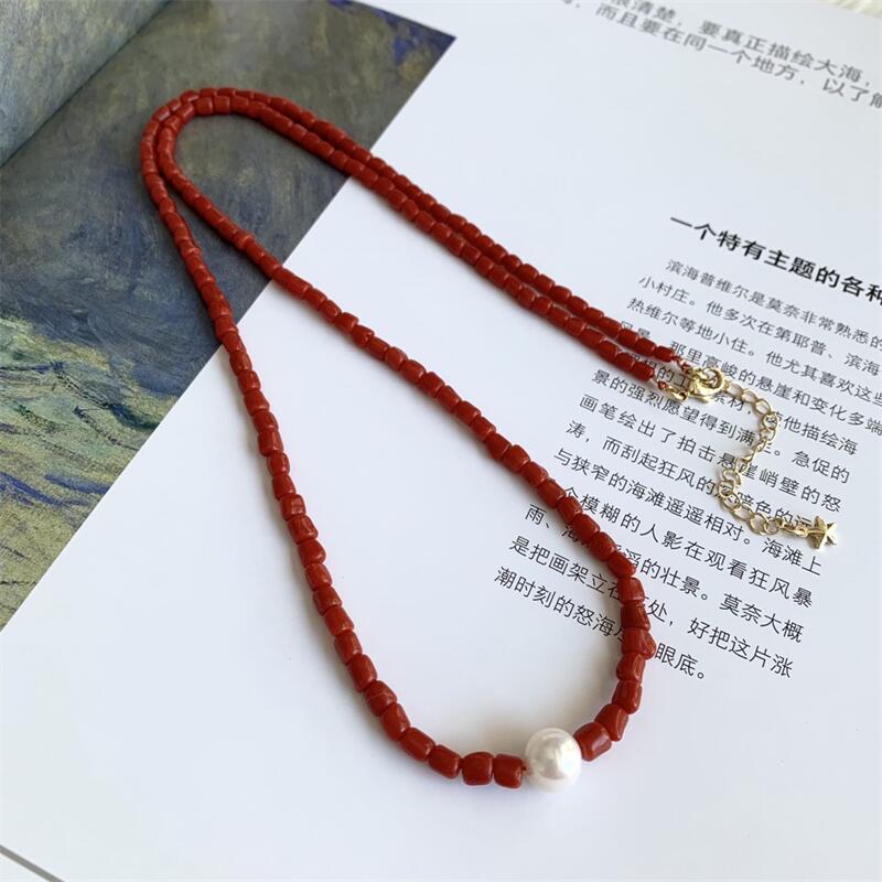 天然牛血红珊瑚鼓珠塔链项链原色阿卡沙丁牛血红深海红科西嘉颂
