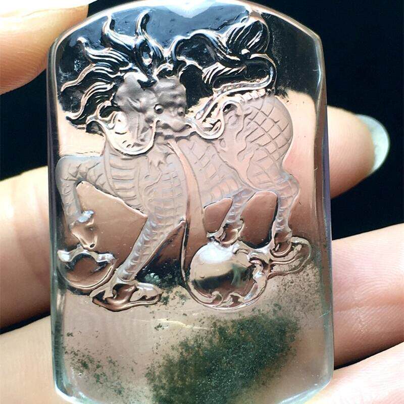 天然水晶巴西绿幽灵麒麟女款项链吊坠31.5克翠绿白体透体满天星