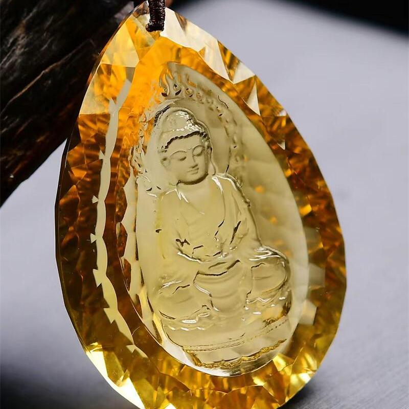 天然巴西黄水晶千禧面手工雕刻大日如来吊坠项链钻石切工24.5g即