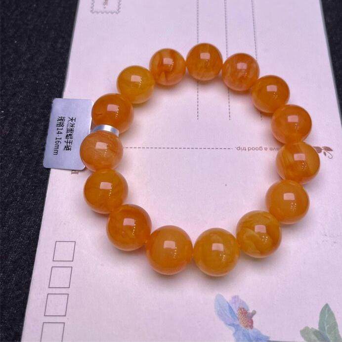 天然欧洲原矿回流蜜蜡手链手串14mm妖花纹无优化无烤色琥珀秀