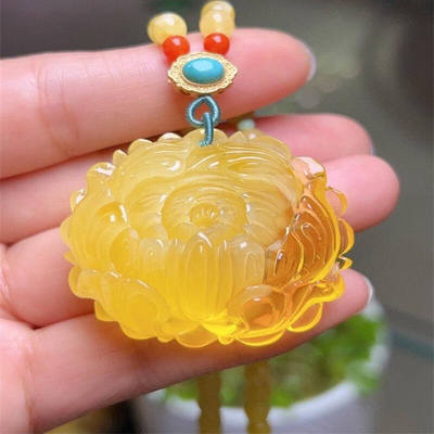 天然俄料原矿蜜蜡牡丹花吊坠女款项链18.2克金绞蜜无优化无烤色凯