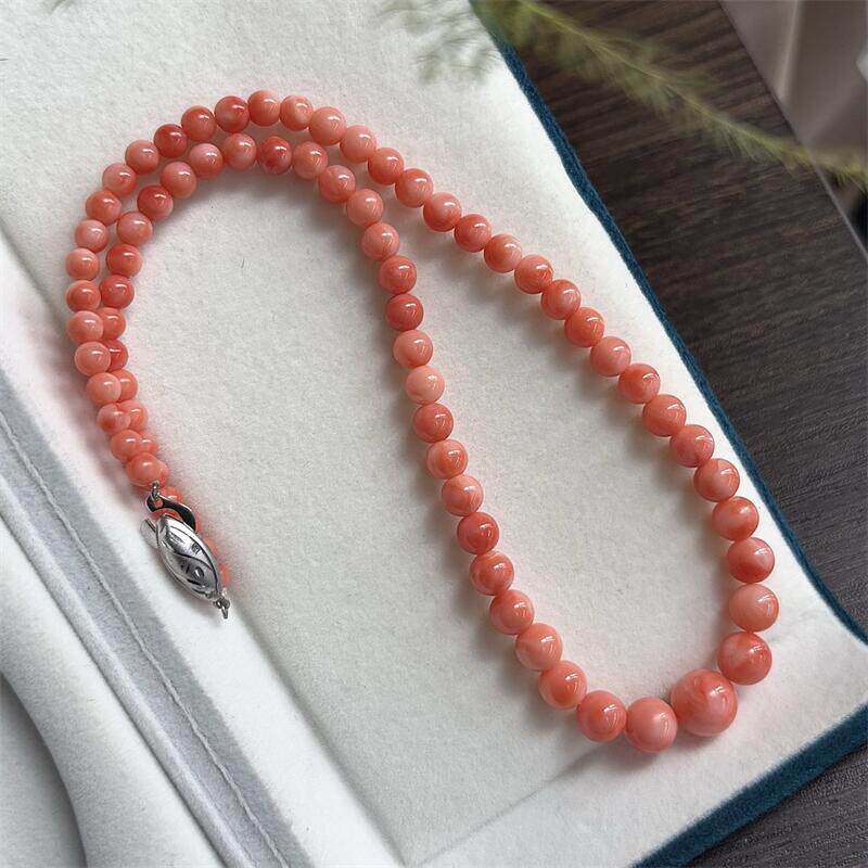 天然台湾莫莫珊瑚吊坠项链塔链4-10mm原色momo有机宝石阿卡粉红