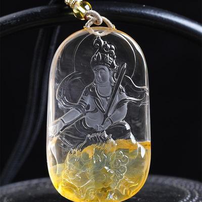 天然水晶黄胶花文殊菩萨本命佛项链吊坠64.2克白体火彩凤凰焦花秀